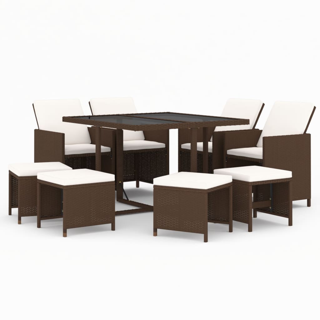 9 Pcs conjunto jantar p/ jardim c/ almofadões vime PE castanho