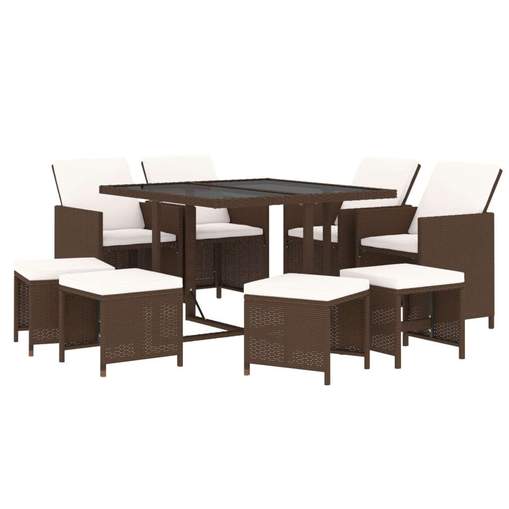 9 Pcs conjunto jantar p/ jardim c/ almofadões vime PE castanho