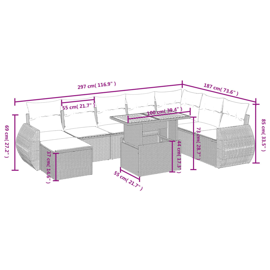 9 Pcs conjunto de sofás p/ jardim com almofadões vime PE bege