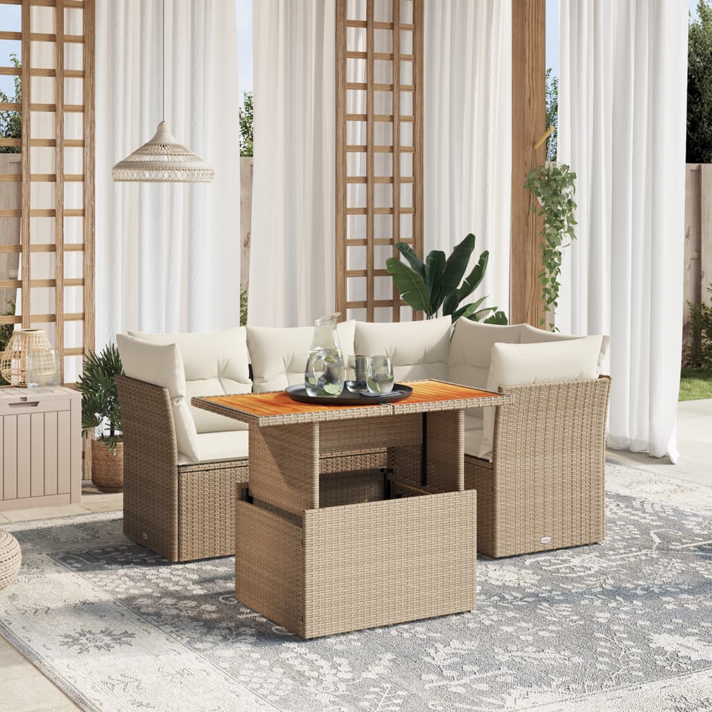 5 Pcs conjunto de sofás p/ jardim com almofadões vime PE bege