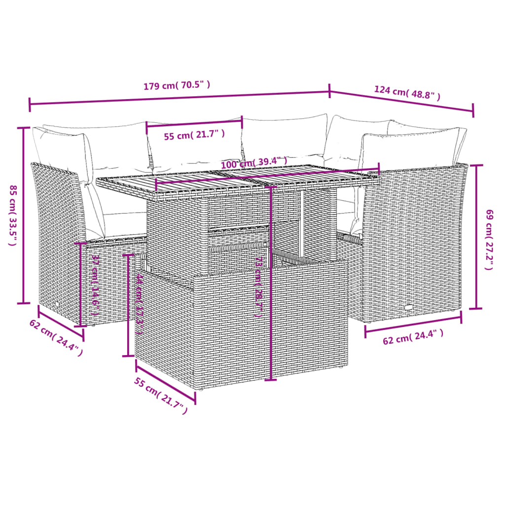 5 Pcs conjunto de sofás p/ jardim com almofadões vime PE bege