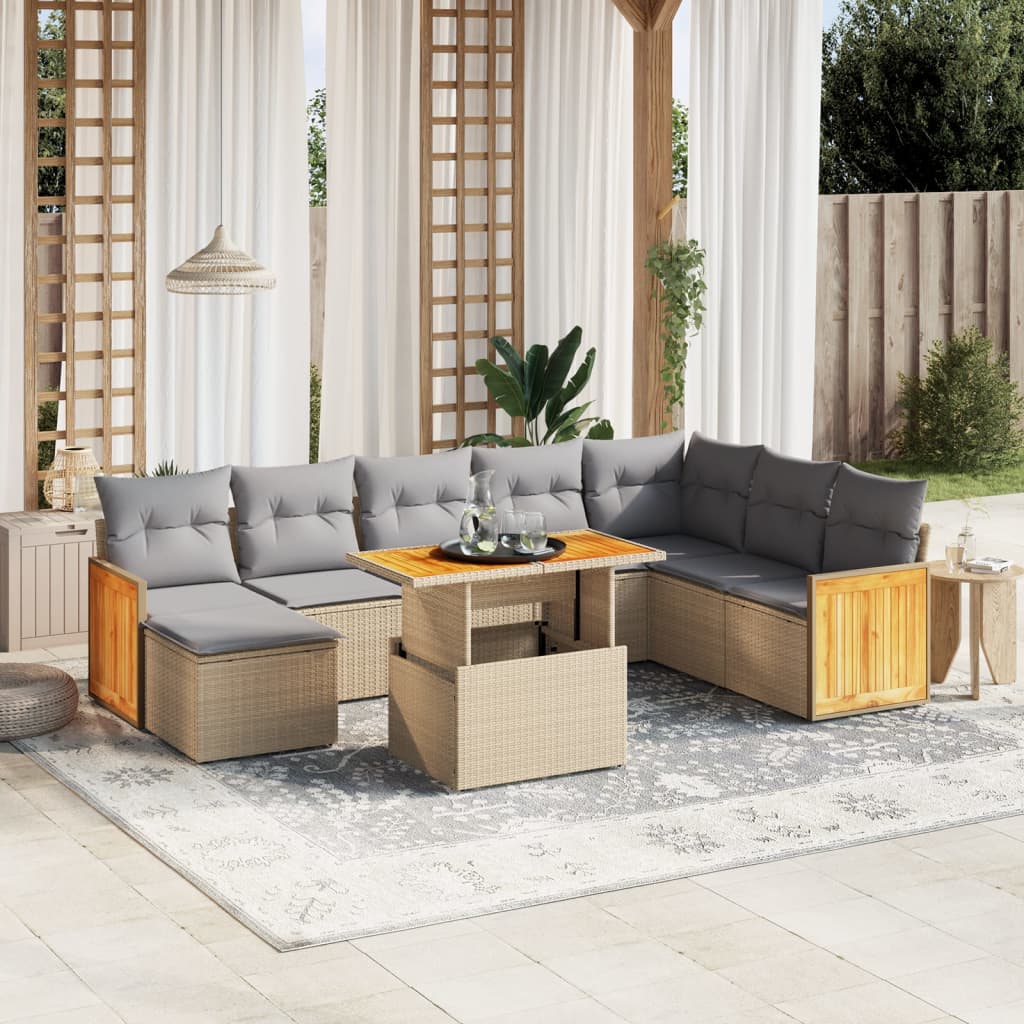9 Pcs conjunto de sofás p/ jardim com almofadões vime PE bege