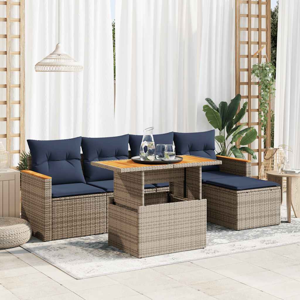 6 Pcs conjunto sofás de jardim com almofadões vime cinzento