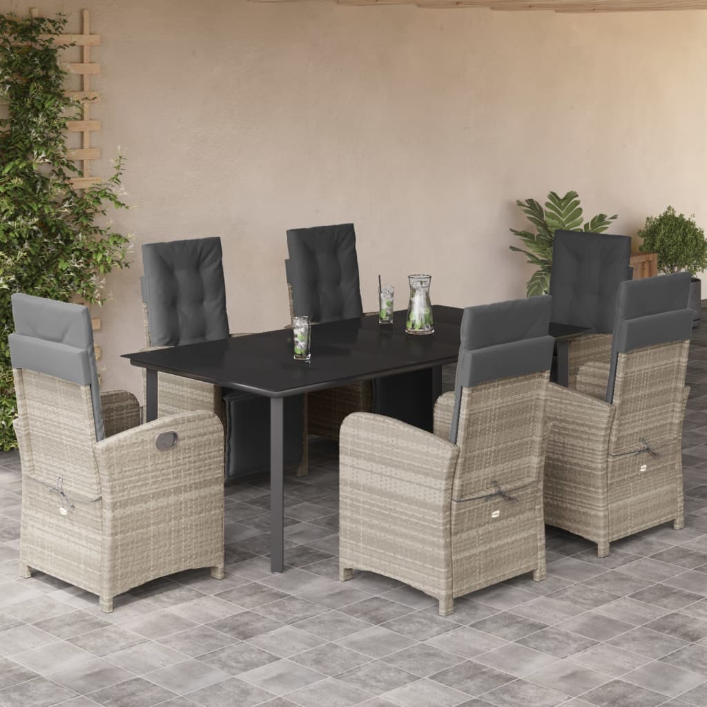 7 Pcs conj. jantar p/ jardim c/ almofadões vime PE cinza-claro