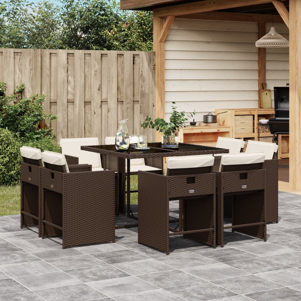 9 Pcs conjunto jantar p/ jardim c/ almofadões vime PE castanho
