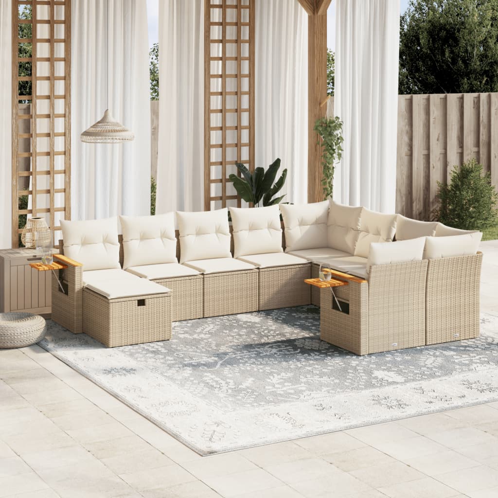 10 Pcs conjunto de sofás p/ jardim com almofadões vime PE bege