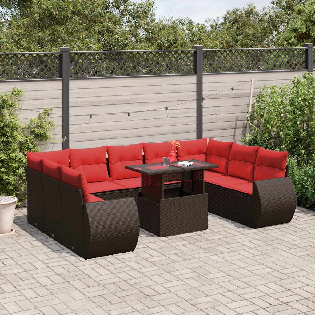 Conjunto de sofá de jardim com 10 peças e almofadas em rattan sintético marrom
