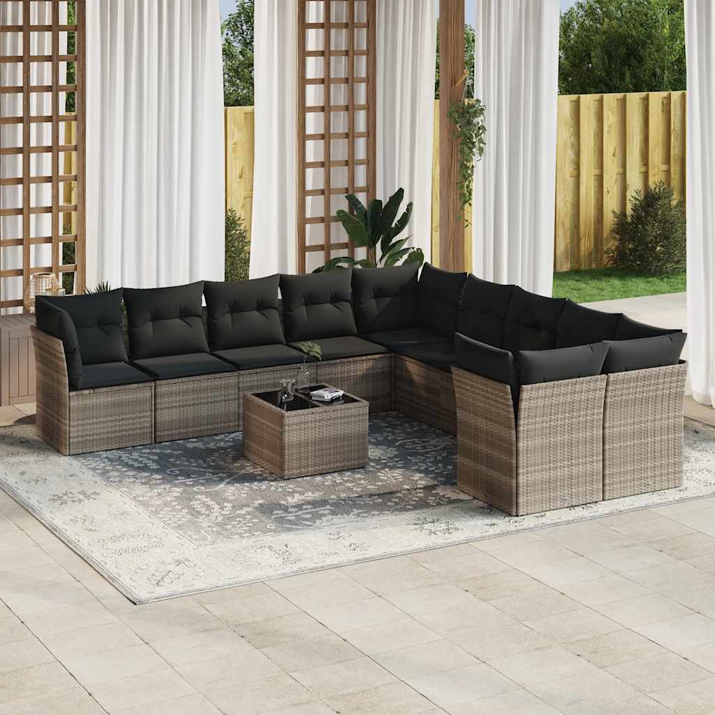 11 Pcs conjunto sofás de jardim c/ almofadões vime PE cinzento