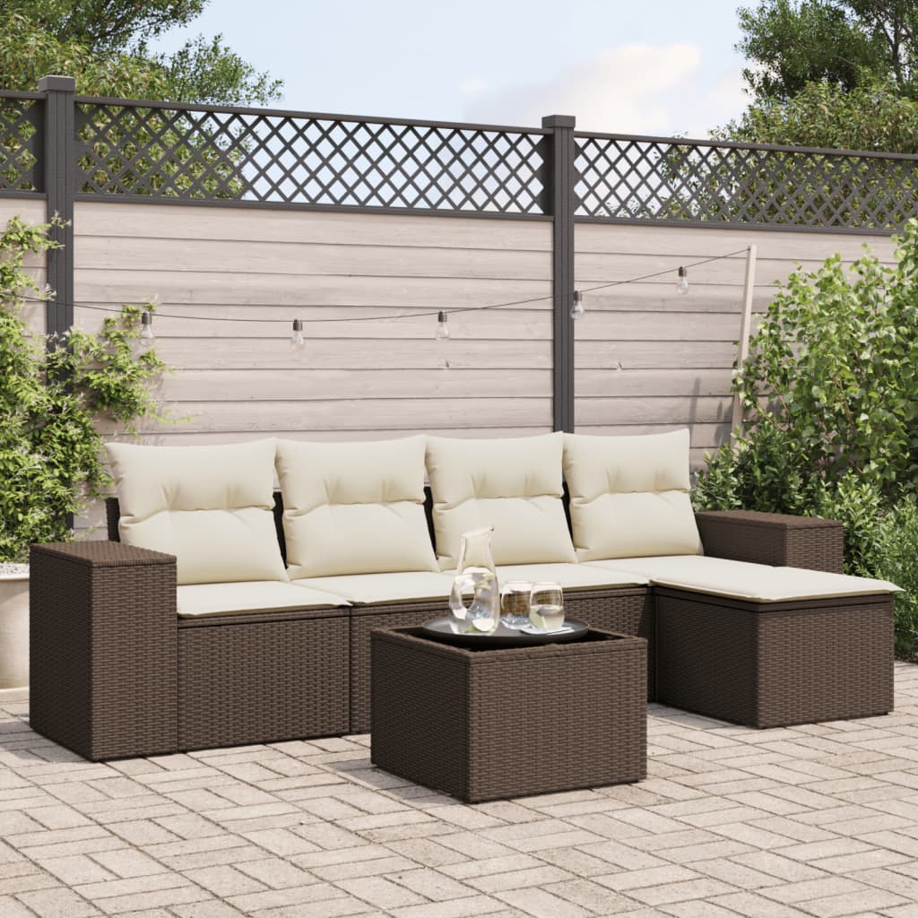 6 Pcs conjunto de sofás jardim c/ almofadões vime PE castanho
