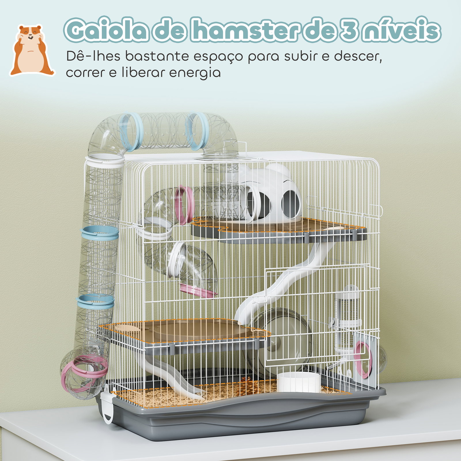 Gaiola para hamster 45x30x45 cm com túnel plataformas bebedouro rampas e roda de exercício cinza