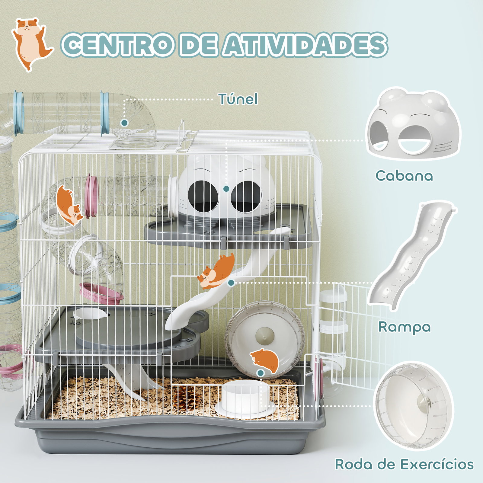 Gaiola para hamster 45x30x45 cm com túnel plataformas bebedouro rampas e roda de exercício cinza