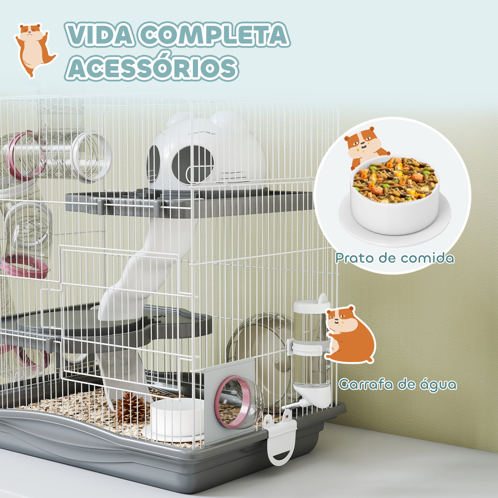 Gaiola para hamster 45x30x45 cm com túnel plataformas bebedouro rampas e roda de exercício cinza