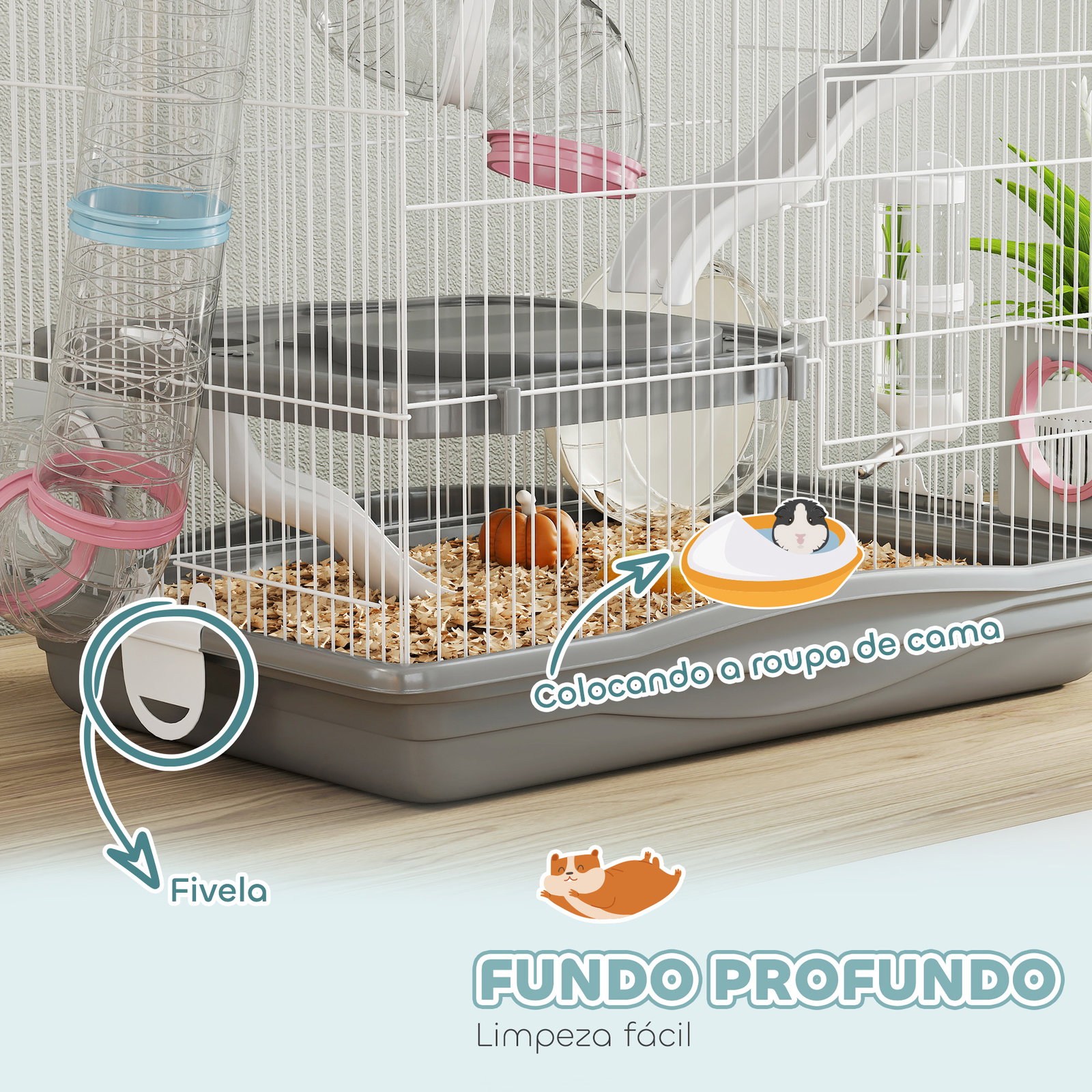 Gaiola para hamster 45x30x45 cm com túnel plataformas bebedouro rampas e roda de exercício cinza