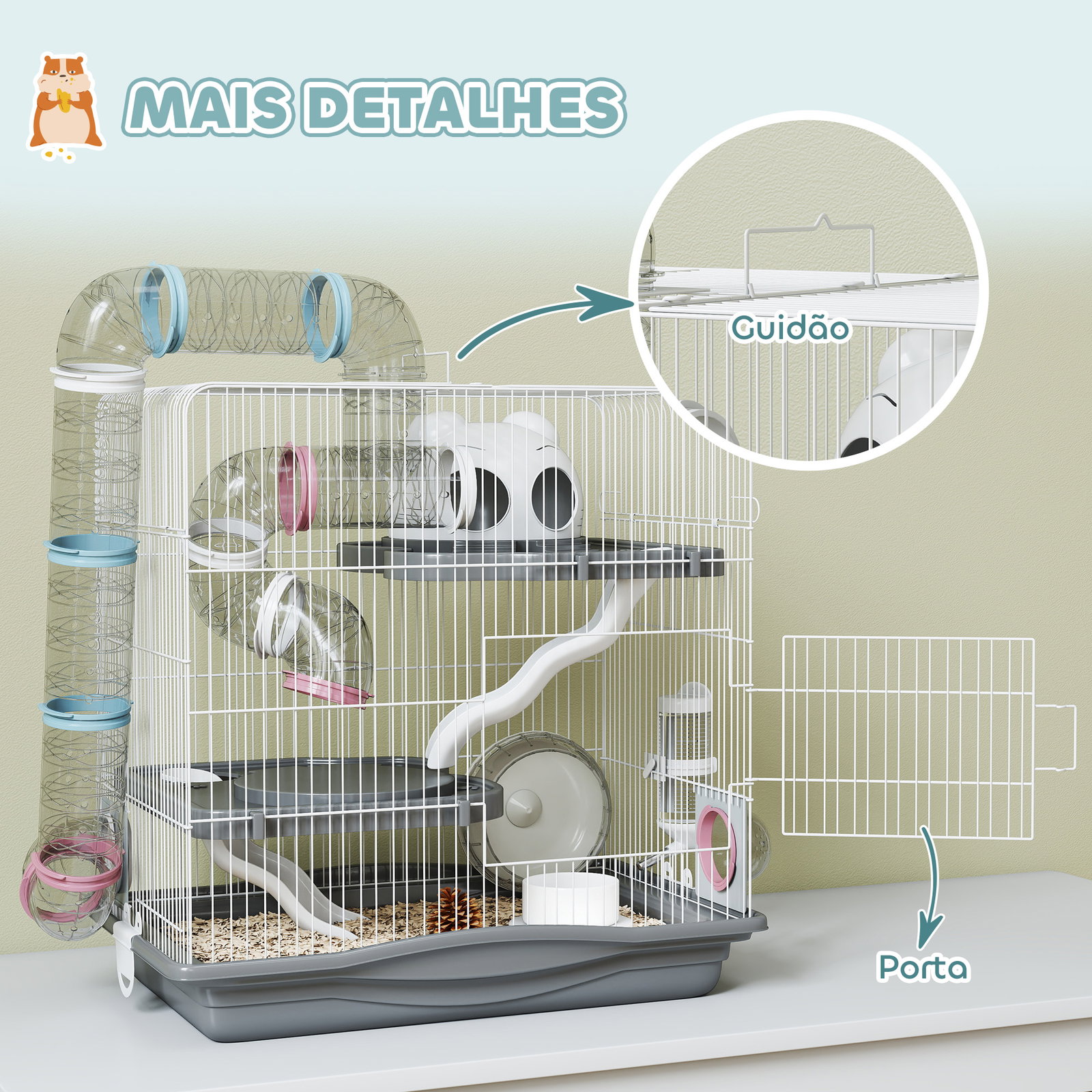 Gaiola para hamster 45x30x45 cm com túnel plataformas bebedouro rampas e roda de exercício cinza