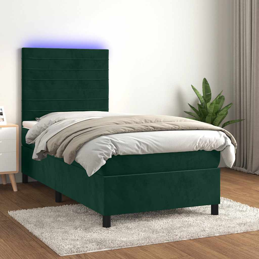 Cama box spring c/ colchão/LED 80x200 cm veludo verde-escuro