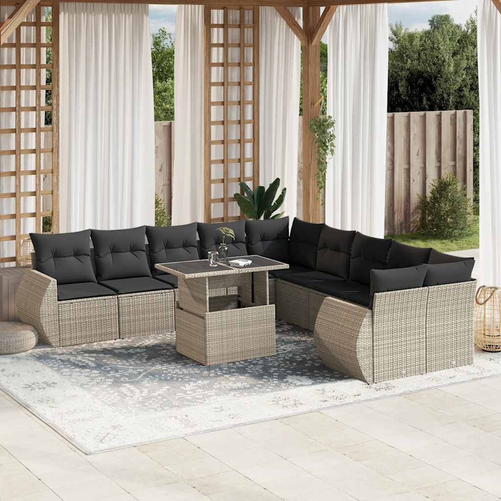 11 Pcs conjunto sofás de jardim c/ almofadões vime PE cinzento