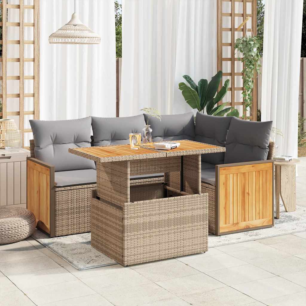 5 Pcs conj. sofás p/ jardim c/ almofadões vime PE/acácia bege