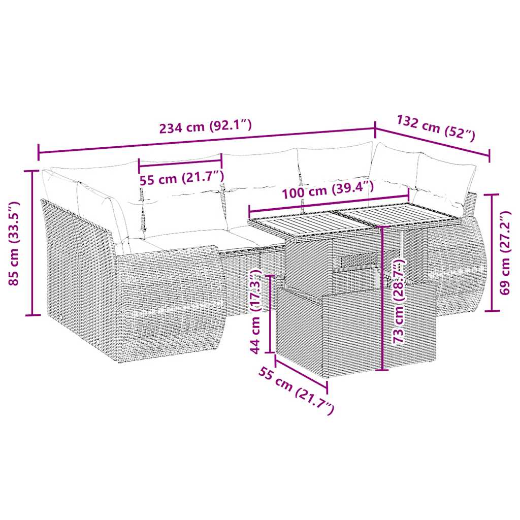 7 Pcs conjunto de sofás p/ jardim com almofadões vime PE bege