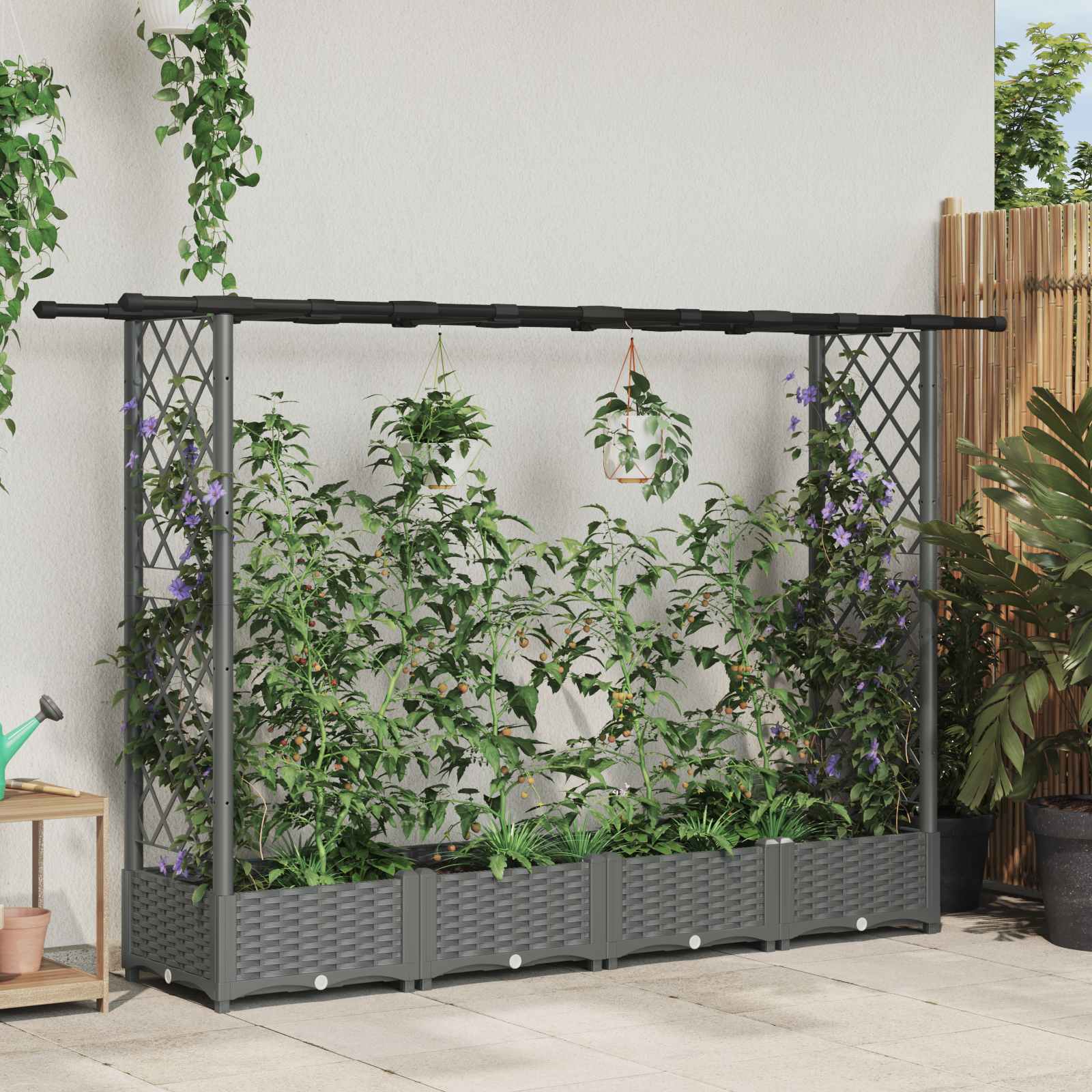 Cama elevada com treliça e telhado cinzento-claro PP