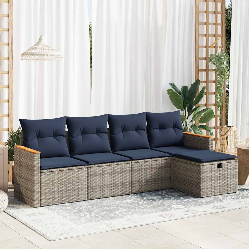 5 Pcs conjunto sofás de jardim c/ almofadões vime PE cinzento