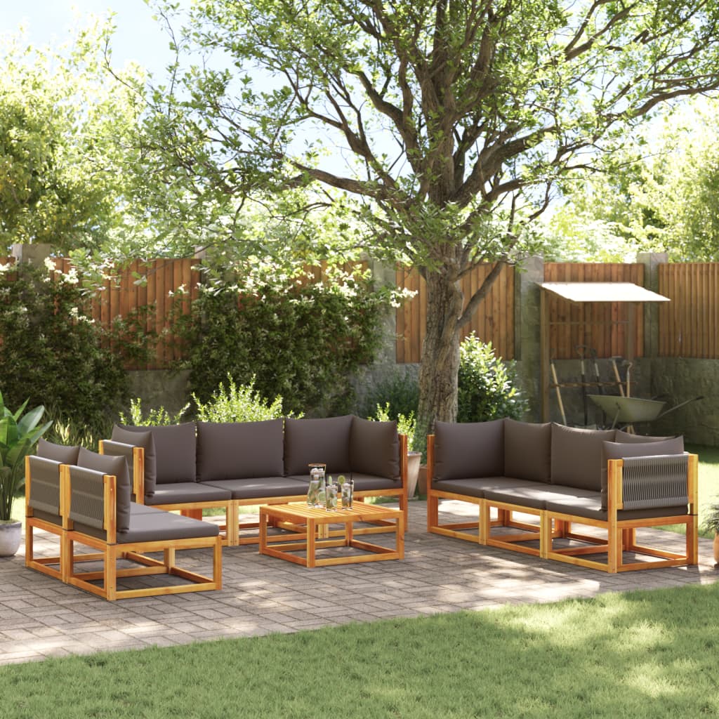 Conjunto de sofás de jardim de 9 peças com almofadas de madeira de acácia e corda
