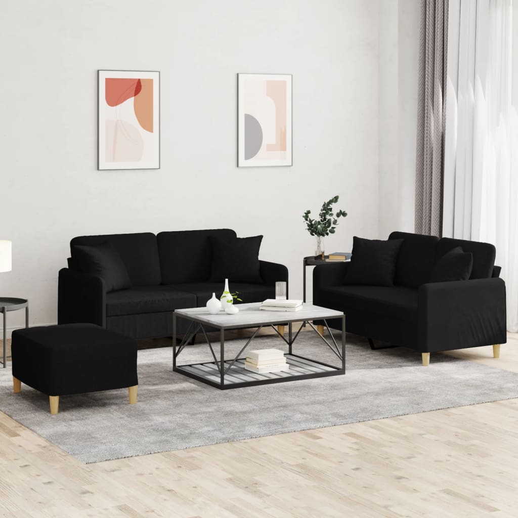 3 Pcs conjunto de sofás com almofadas tecido preto