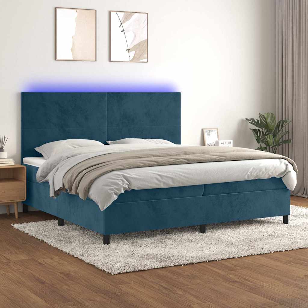 Cama box spring c/ colchão/LED 200x200 cm veludo azul-escuro