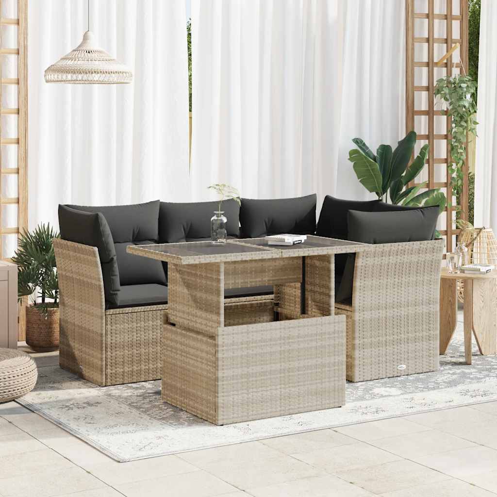 5 Pcs conj. sofás jardim c/ almofadões vime PE cinzento-claro