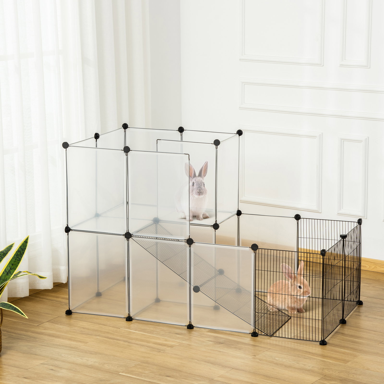 Recinto para Animais de Estimação Pequenos DIY com 21 Painéis de Resina e 6 Painéis de Arame 140x70x90cm Transparente e Preto