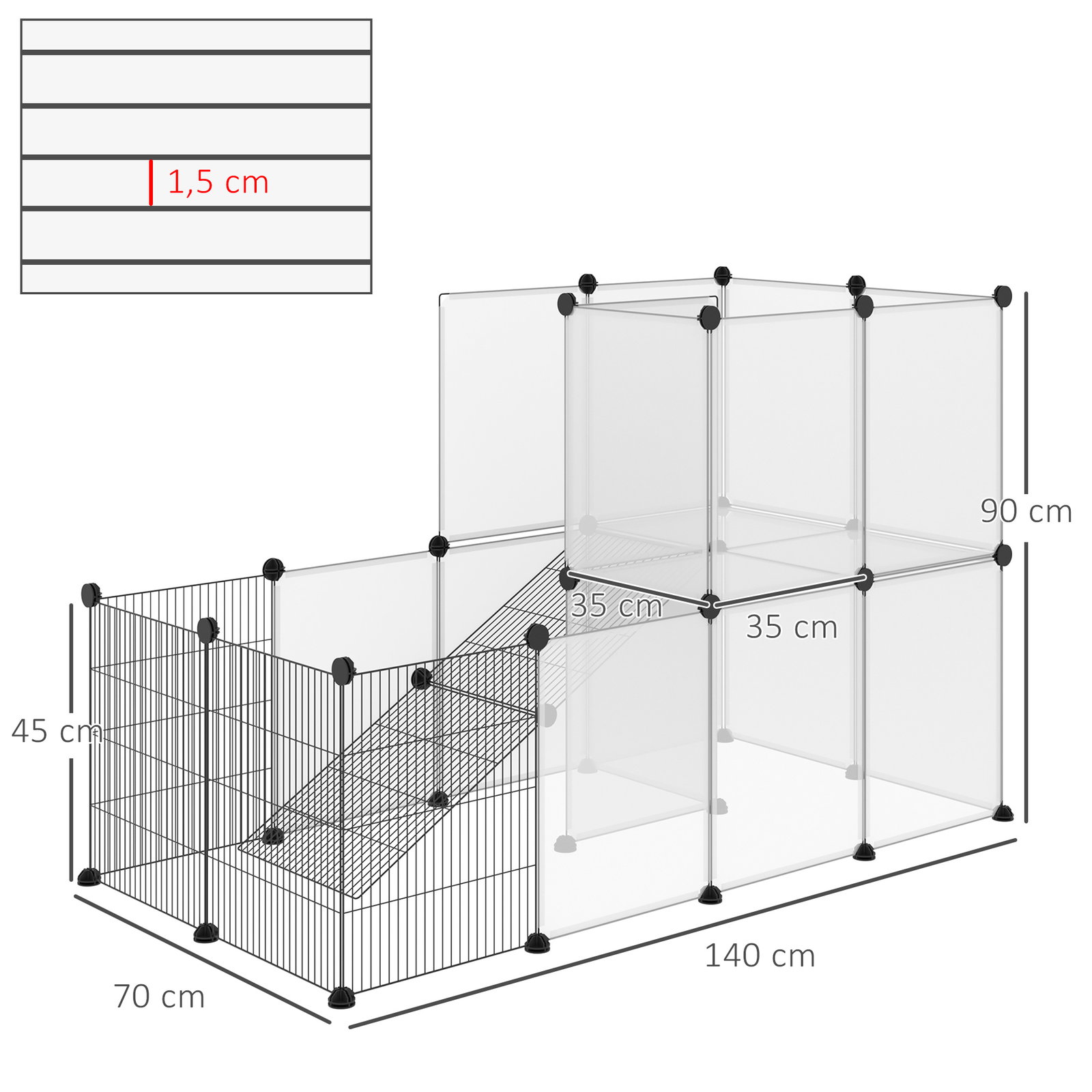 Recinto para Animais de Estimação Pequenos DIY com 21 Painéis de Resina e 6 Painéis de Arame 140x70x90cm Transparente e Preto