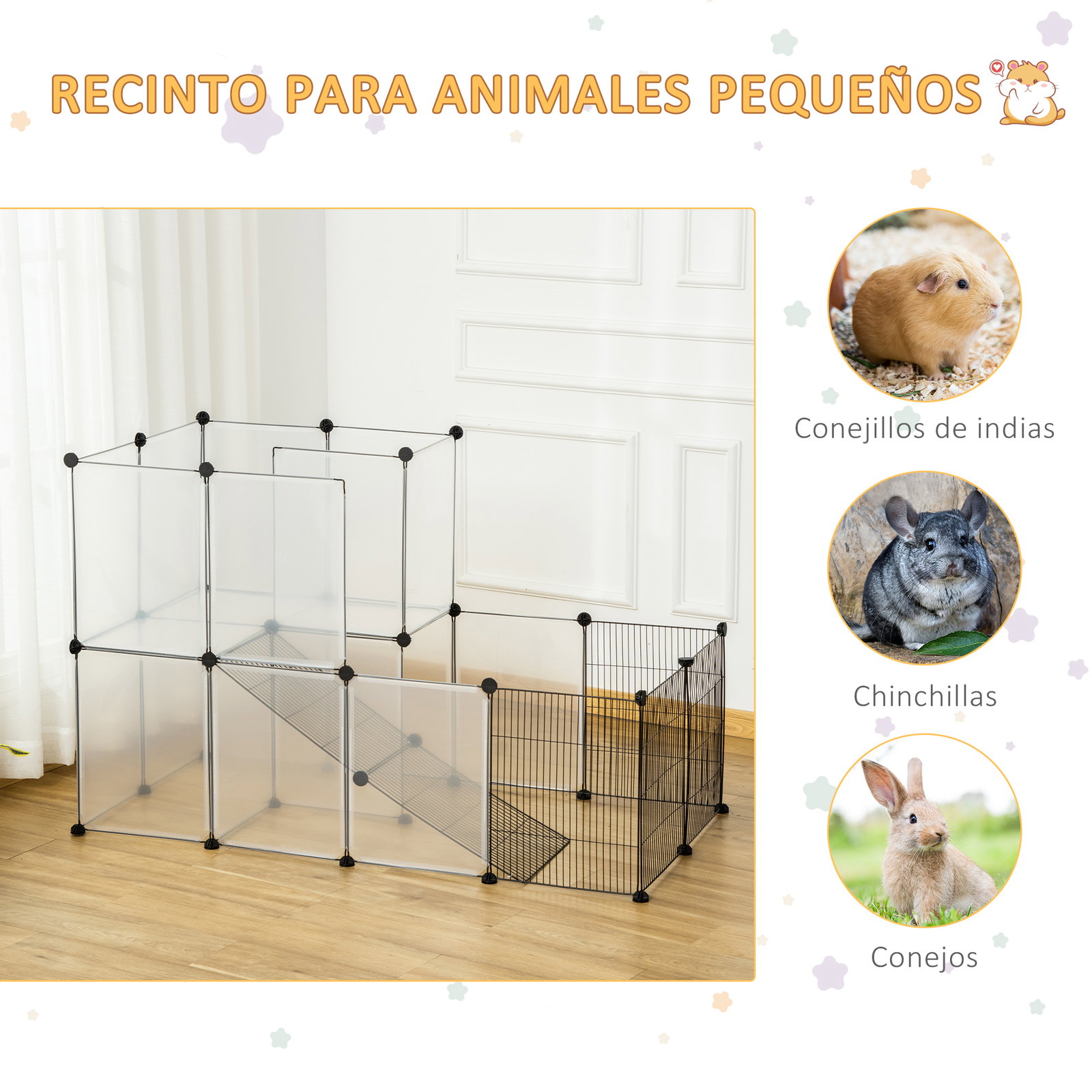 Recinto para Animais de Estimação Pequenos DIY com 21 Painéis de Resina e 6 Painéis de Arame 140x70x90cm Transparente e Preto
