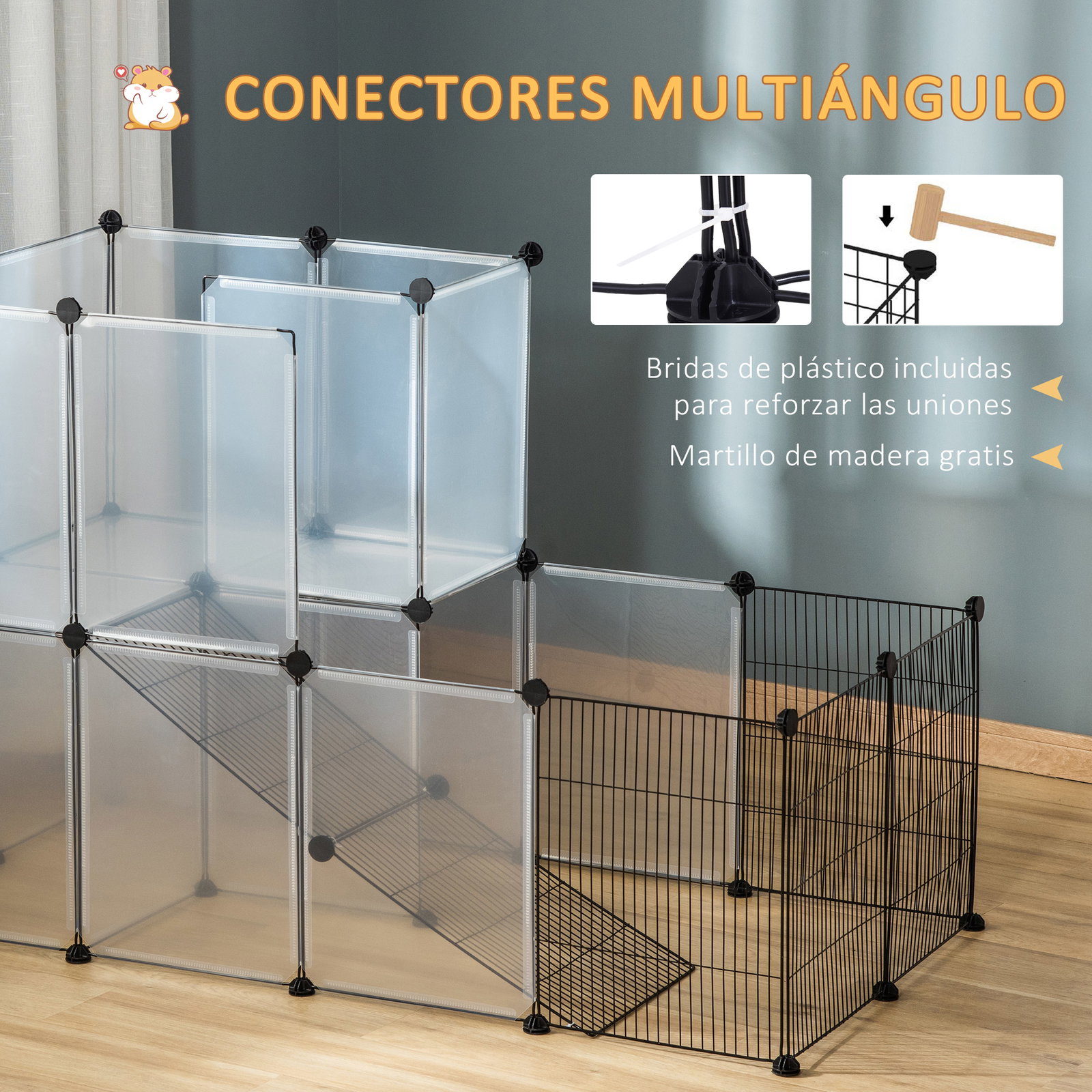 Recinto para Animais de Estimação Pequenos DIY com 21 Painéis de Resina e 6 Painéis de Arame 140x70x90cm Transparente e Preto