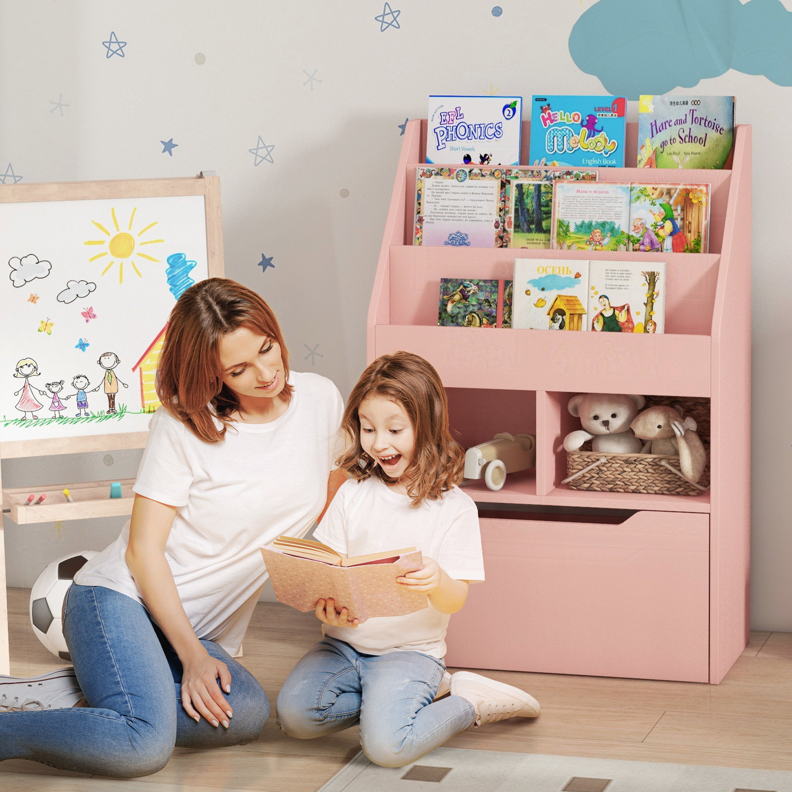 Estante de madeira para brinquedos com 3 compartimentos 2 prateleiras e gaveta móvel com 4 rodas 60x29,9x90 cm rosa