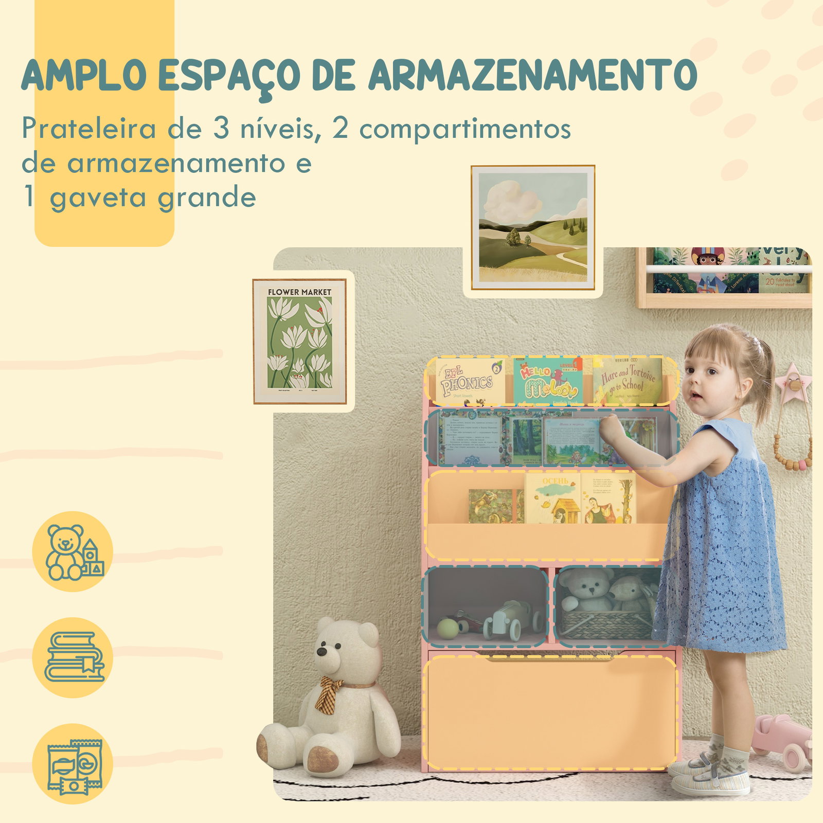 Estante de madeira para brinquedos com 3 compartimentos 2 prateleiras e gaveta móvel com 4 rodas 60x29,9x90 cm rosa