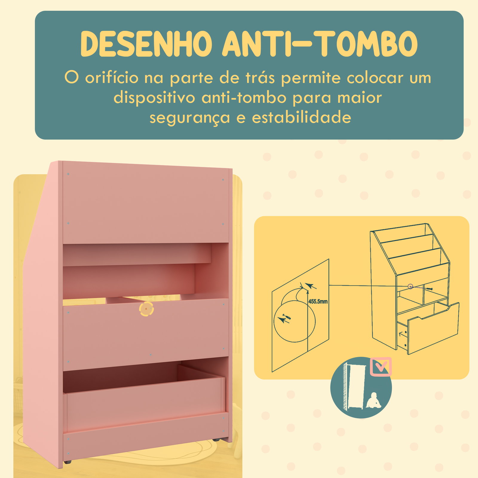 Estante de madeira para brinquedos com 3 compartimentos 2 prateleiras e gaveta móvel com 4 rodas 60x29,9x90 cm rosa