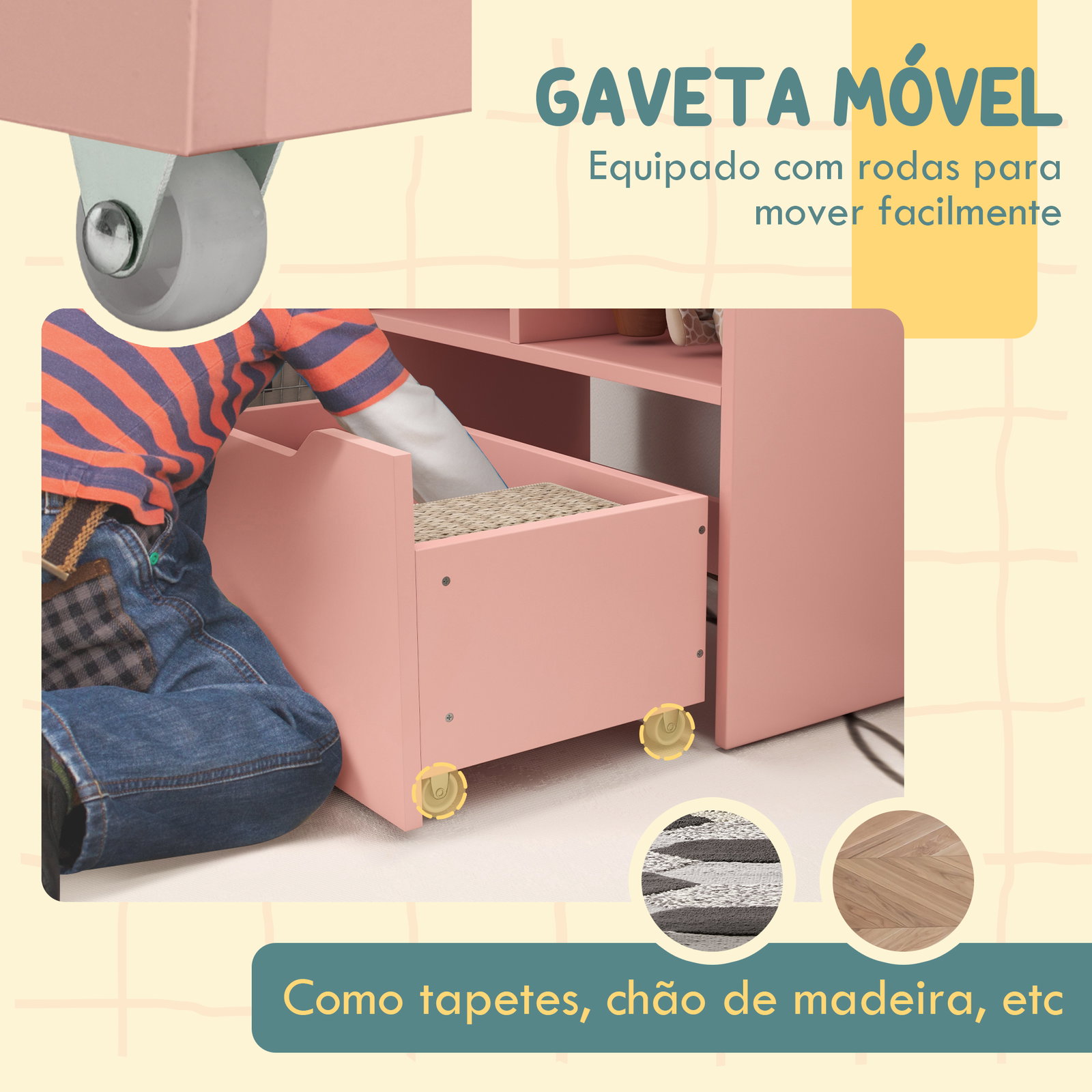 Estante de madeira para brinquedos com 3 compartimentos 2 prateleiras e gaveta móvel com 4 rodas 60x29,9x90 cm rosa