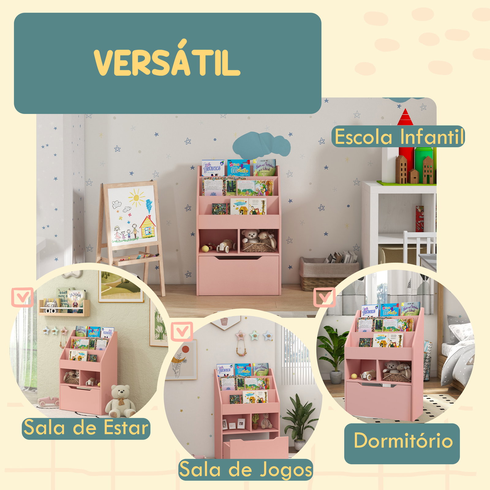Estante de madeira para brinquedos com 3 compartimentos 2 prateleiras e gaveta móvel com 4 rodas 60x29,9x90 cm rosa