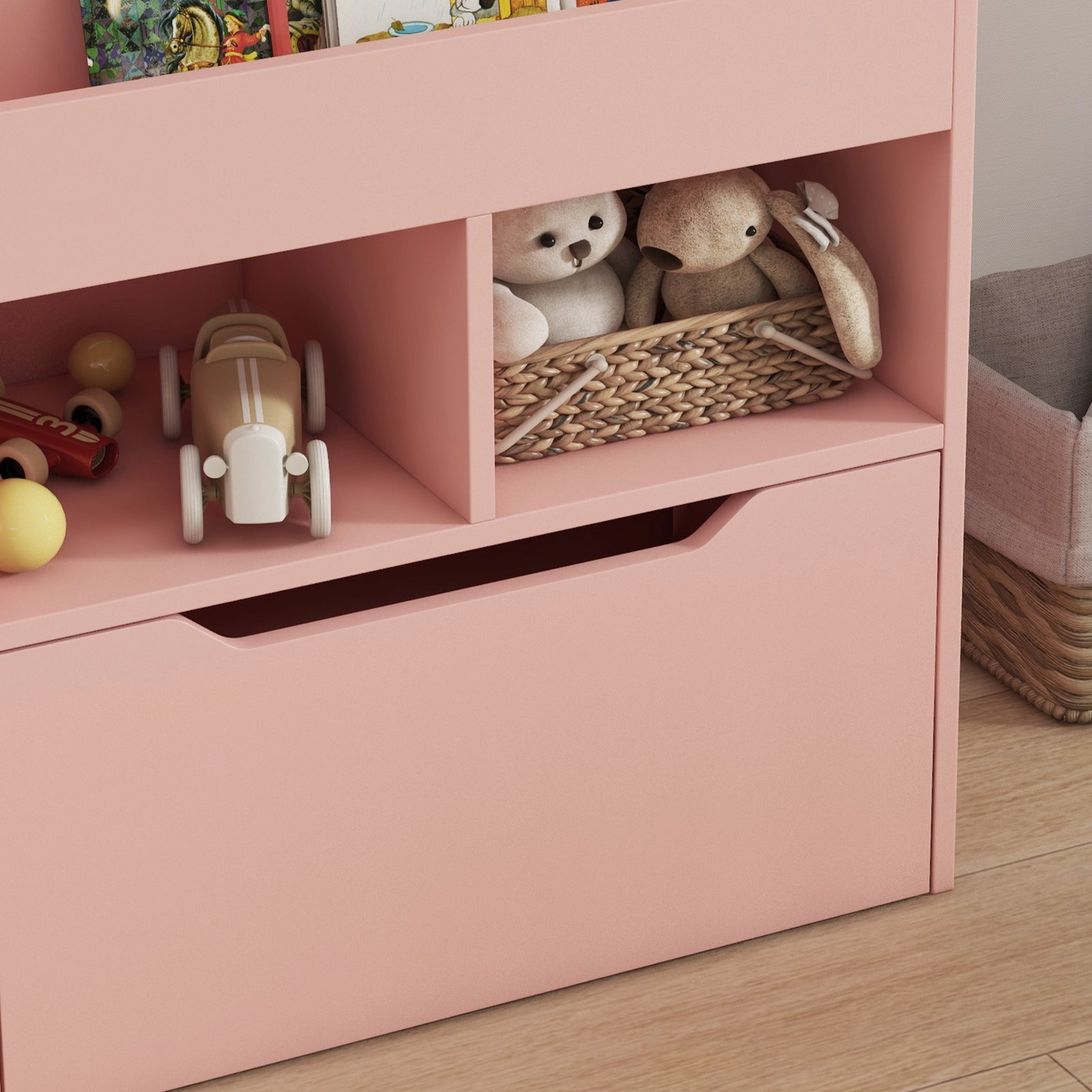 Estante de madeira para brinquedos com 3 compartimentos 2 prateleiras e gaveta móvel com 4 rodas 60x29,9x90 cm rosa