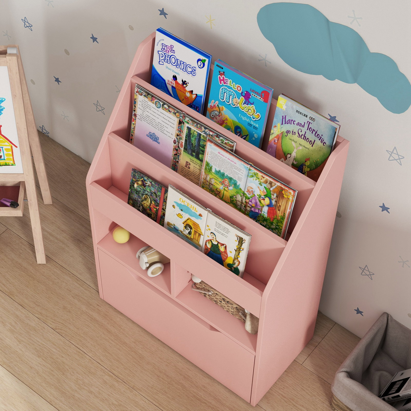 Estante de madeira para brinquedos com 3 compartimentos 2 prateleiras e gaveta móvel com 4 rodas 60x29,9x90 cm rosa