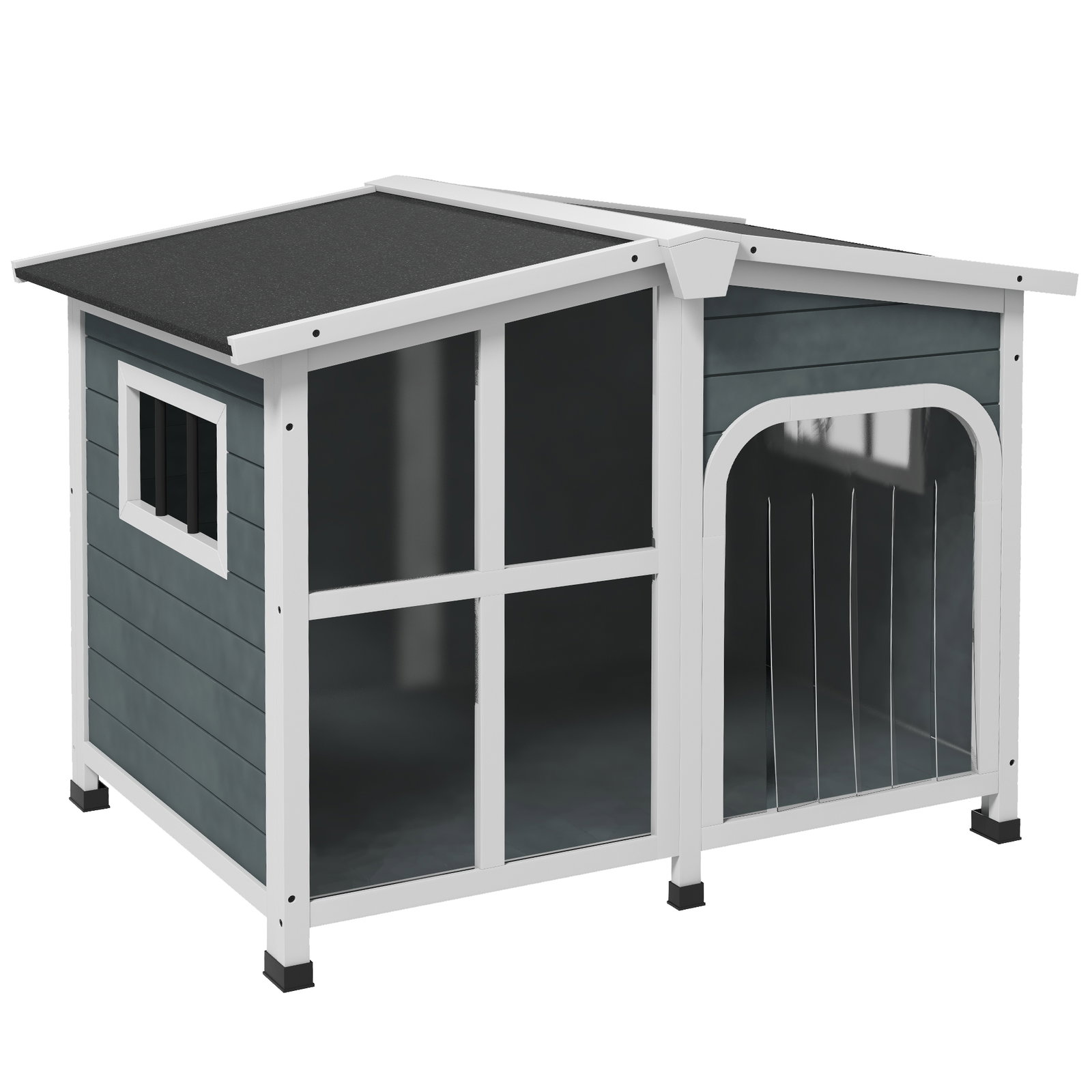 Casa para cães de madeira com teto abatível porta com cortina e fundo amovível 101x66,5x70,5cm cinza escuro