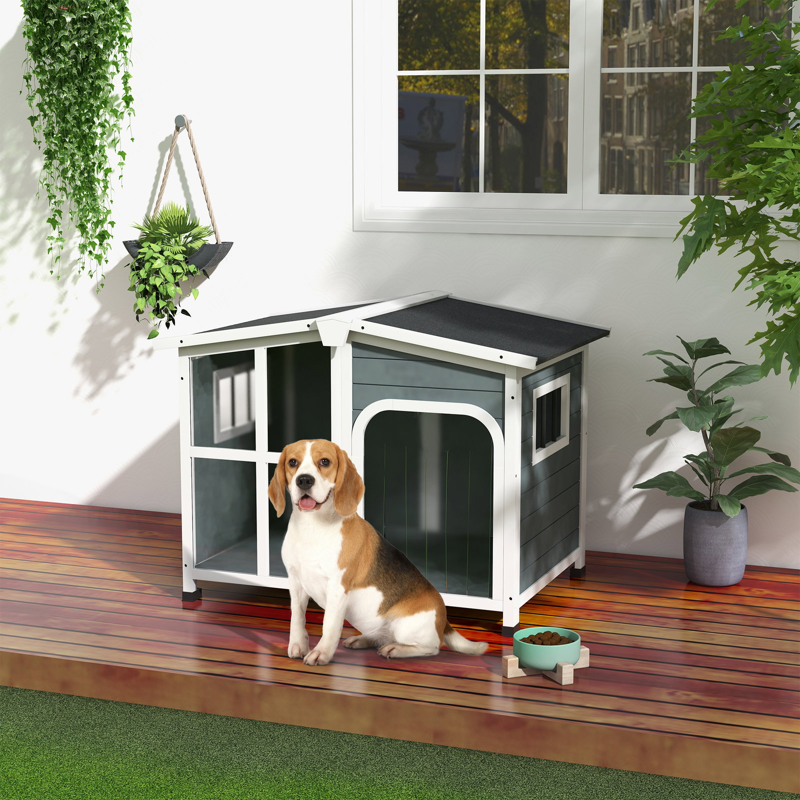 Casa para cães de madeira com teto abatível porta com cortina e fundo amovível 101x66,5x70,5cm cinza escuro