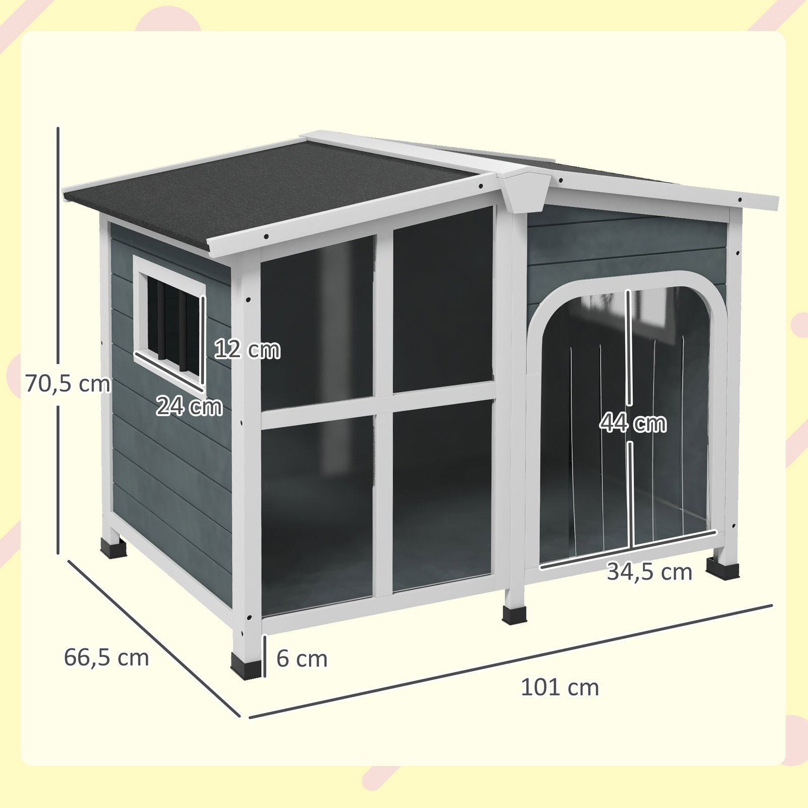 Casa para cães de madeira com teto abatível porta com cortina e fundo amovível 101x66,5x70,5cm cinza escuro