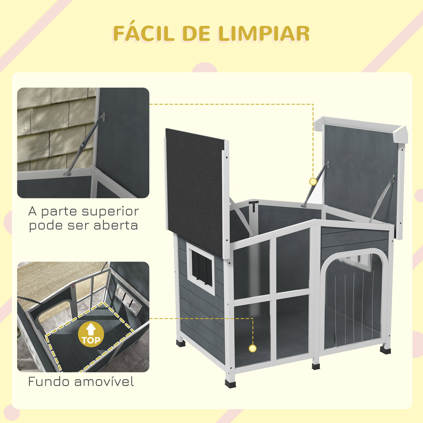 Casa para cães de madeira com teto abatível porta com cortina e fundo amovível 101x66,5x70,5cm cinza escuro