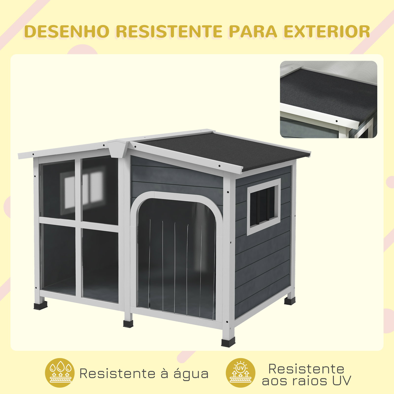Casa para cães de madeira com teto abatível porta com cortina e fundo amovível 101x66,5x70,5cm cinza escuro