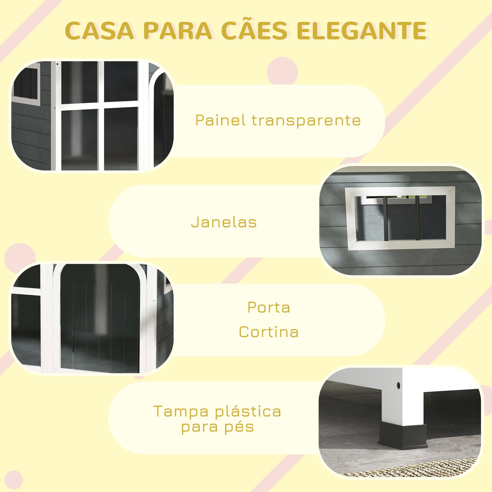 Casa para cães de madeira com teto abatível porta com cortina e fundo amovível 101x66,5x70,5cm cinza escuro