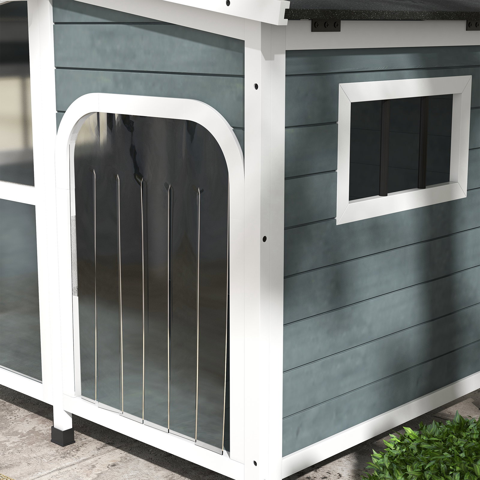 Casa para cães de madeira com teto abatível porta com cortina e fundo amovível 101x66,5x70,5cm cinza escuro