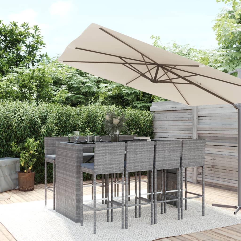 9 Pcs conjunto de bar p/ jardim c/ almofadões vime PE cinzento