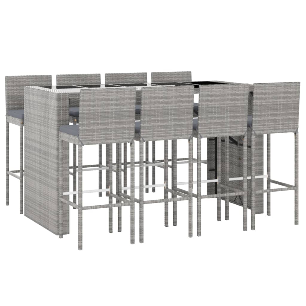 9 Pcs conjunto de bar p/ jardim c/ almofadões vime PE cinzento