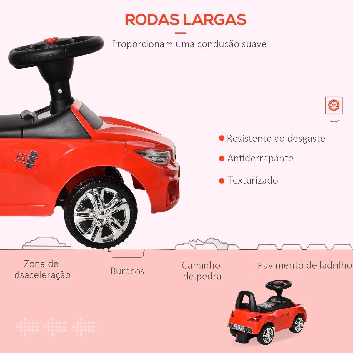 Carro Andador para Crianças de 18-36 Meses com Faróis Música Buzina Volante Compartimento de Armazenamento e Alça para Empurrar