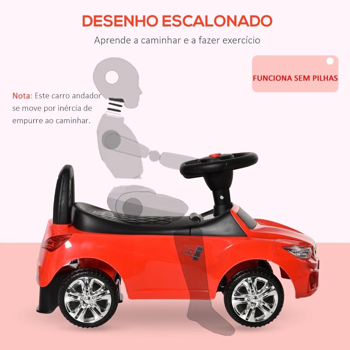 Carro Andador para Crianças de 18-36 Meses com Faróis Música Buzina Volante Compartimento de Armazenamento e Alça para Empurrar